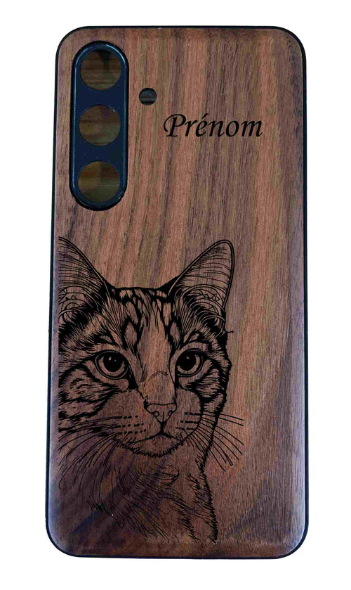 Coques en bois chat + nom Samsung