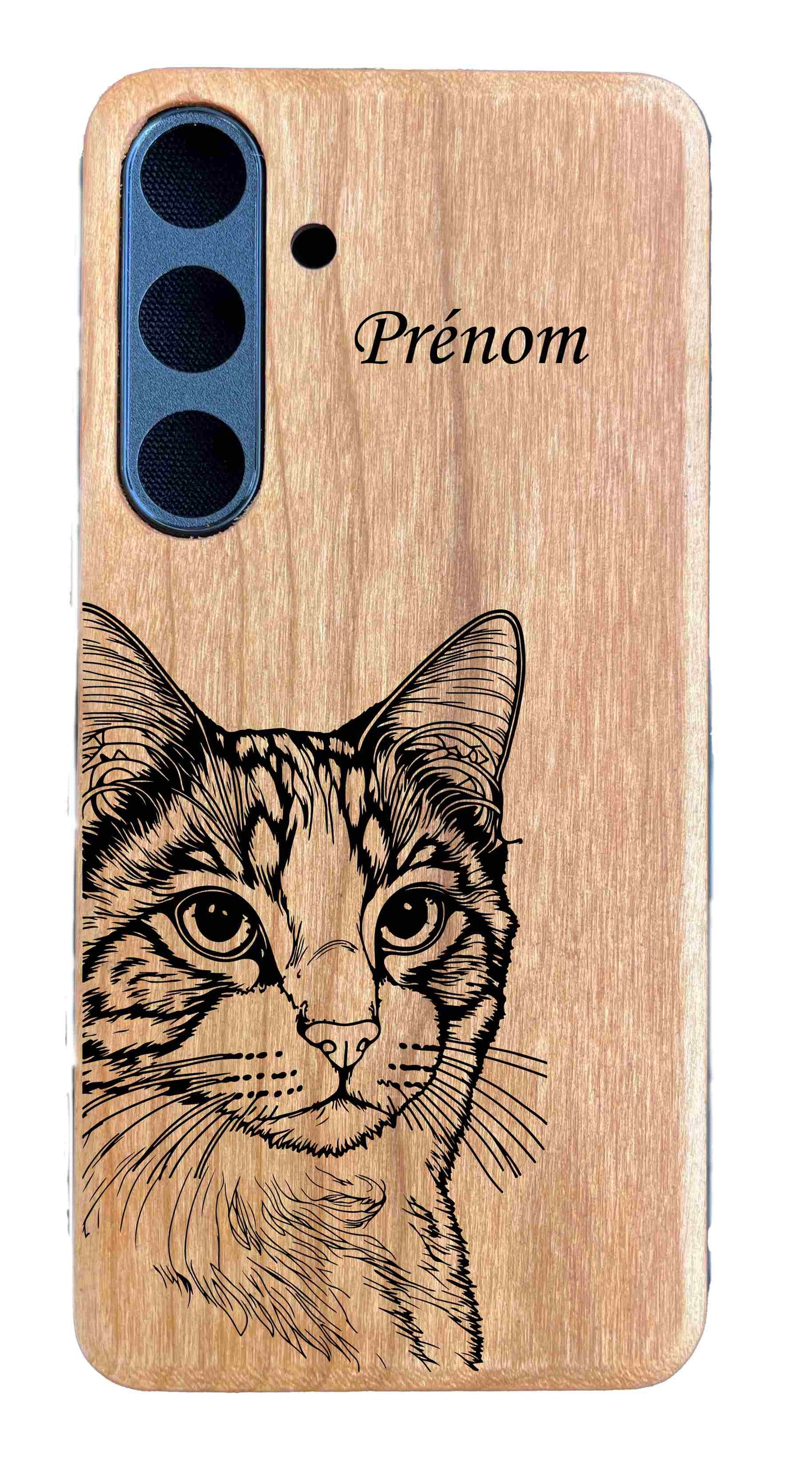 Coques en bois chat + nom Samsung