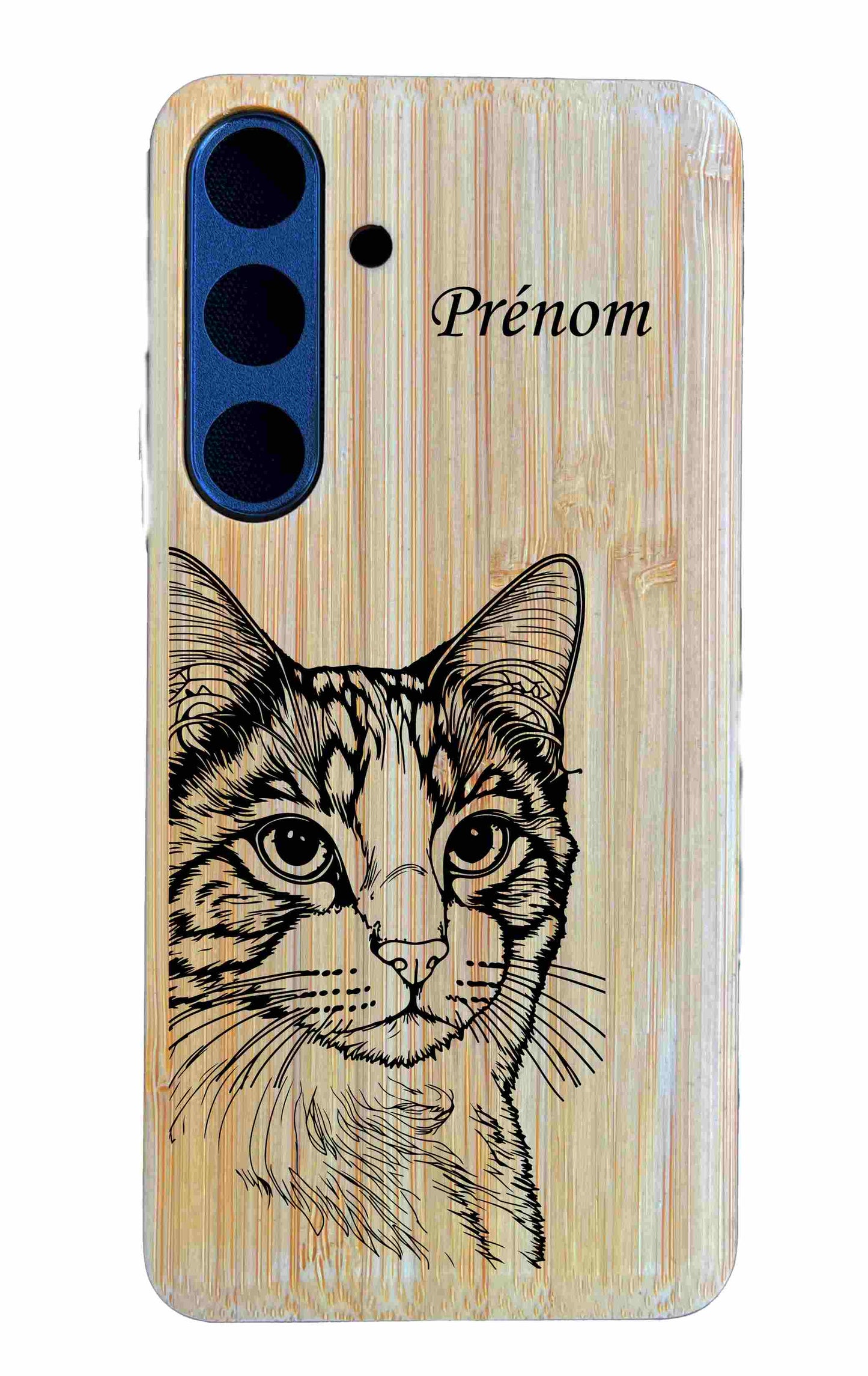 Coques en bois chat + nom Samsung