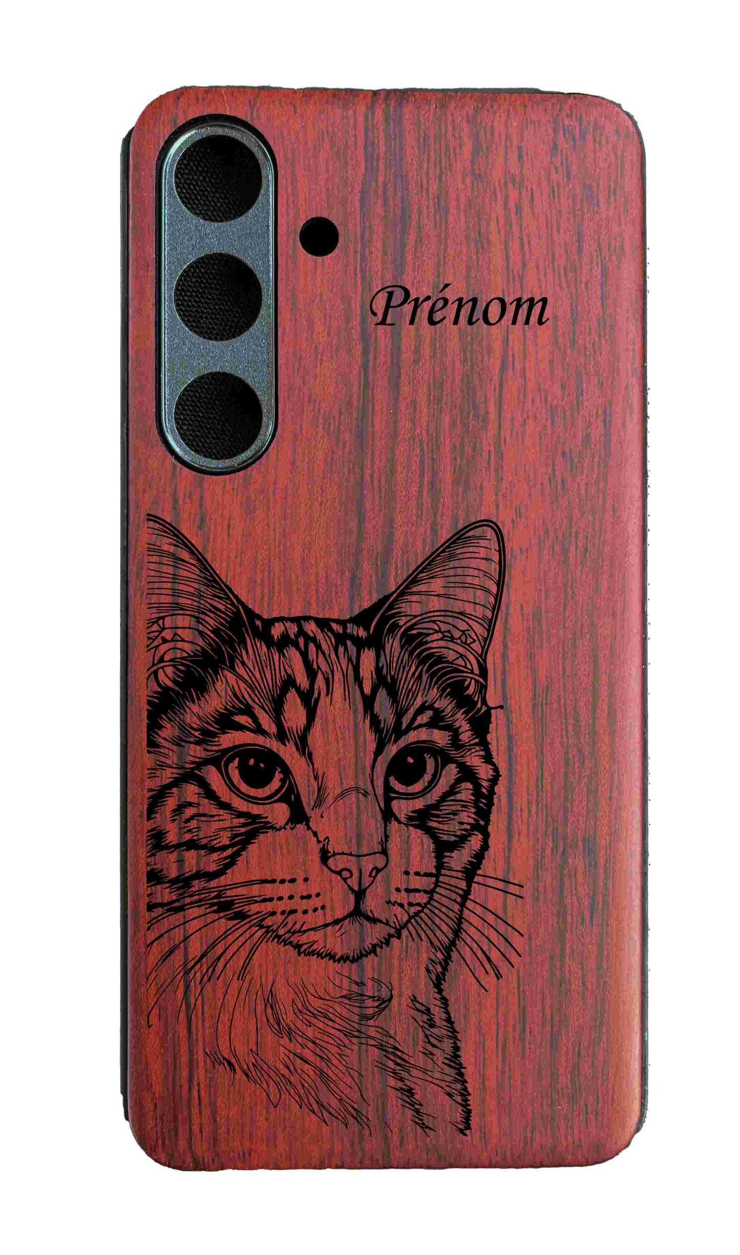 Coques en bois chat + nom Samsung